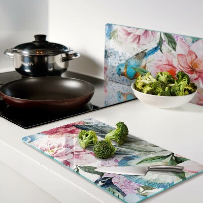 Planche à découper verre Fleurs et oiseaux à l'aquarelle