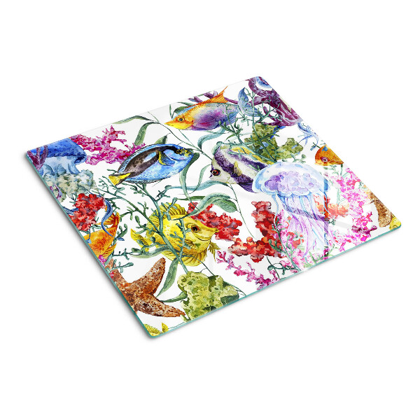 Planche à découper verre Thème de la mer avec des poissons et des méduses