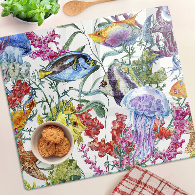 Planche à découper verre Thème de la mer avec des poissons et des méduses
