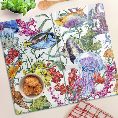 Planche à découper verre Thème de la mer avec des poissons et des méduses