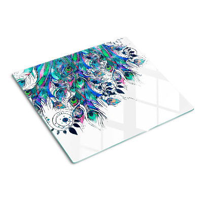 Planche à découper verre Plumes de paon aux couleurs vertes et bleues