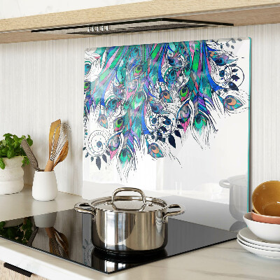 Planche à découper verre Plumes de paon aux couleurs vertes et bleues