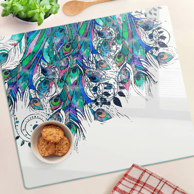Planche à découper verre Plumes de paon aux couleurs vertes et bleues