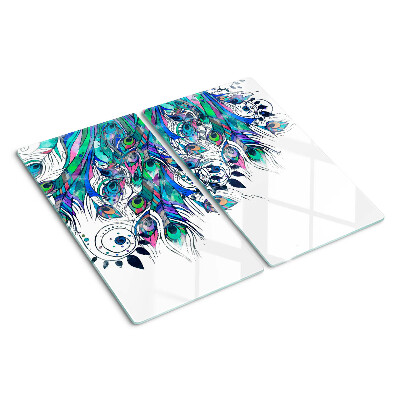 Planche à découper verre Plumes de paon aux couleurs vertes et bleues