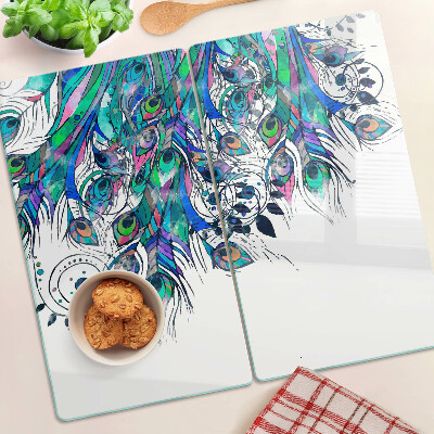 Planche à découper verre Plumes de paon aux couleurs vertes et bleues