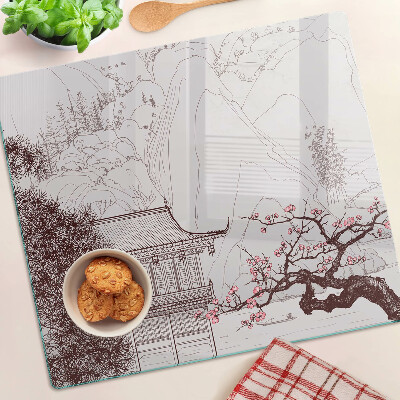 Planche à découper en verre Paysage de montagne avec des arbres en fleurs