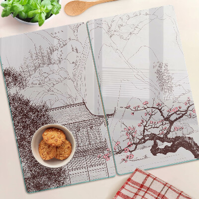 Planche à découper en verre Paysage de montagne avec des arbres en fleurs