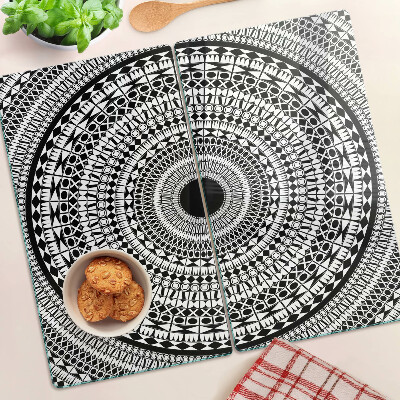 Planche à découper verre Mandala dans les tons de noir et blanc