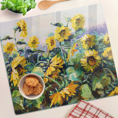 Planche à découper en verre Tournesols dans le jardin