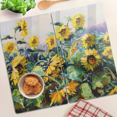 Planche à découper en verre Tournesols dans le jardin
