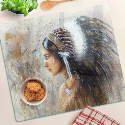 Planche à découper en verre Indien avec une coiffe de plumes
