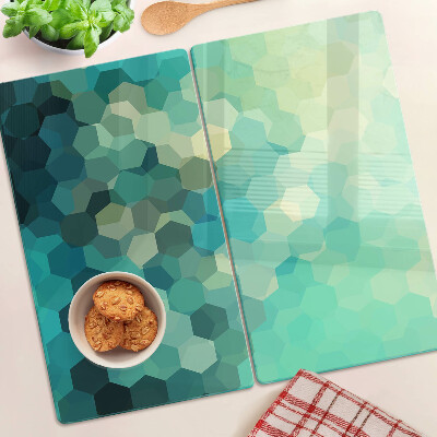 Planche à découper en verre Hexagones géométriques dans des tons de bleu