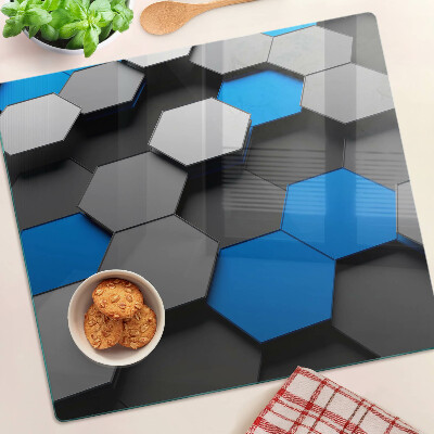 Planche à découper en verre Motifs hexagonaux dans les tons bleus et gris
