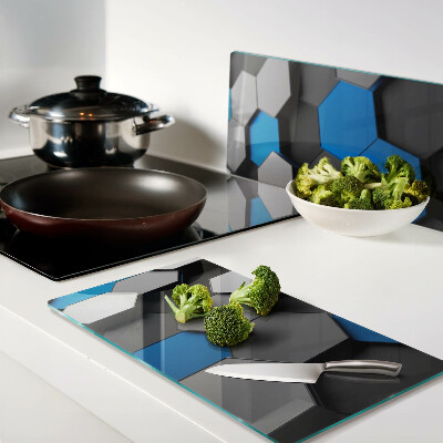 Planche à découper en verre Motifs hexagonaux dans les tons bleus et gris
