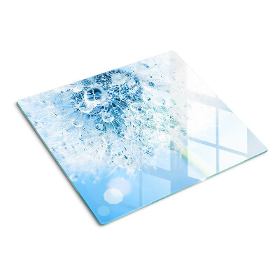Planche à découper en verre Fleur de pissenlit avec des gouttes d'eau