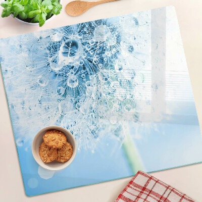 Planche à découper en verre Fleur de pissenlit avec des gouttes d'eau