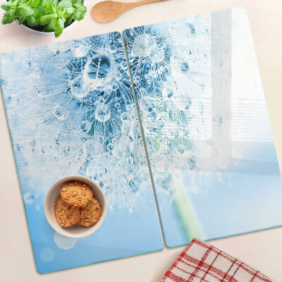 Planche à découper en verre Fleur de pissenlit avec des gouttes d'eau