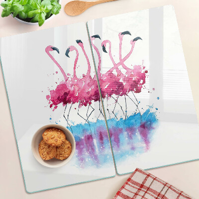 Planche à découper en verre Flamants roses en style aquarelle