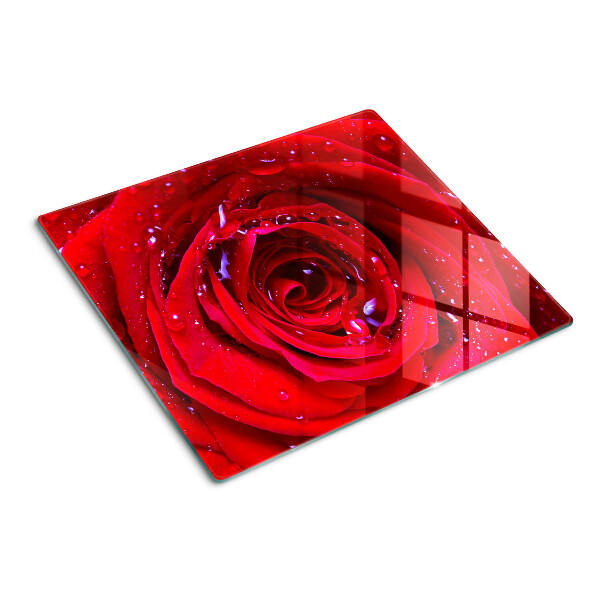Planche à découper en verre Rose rouge avec des gouttes d'eau