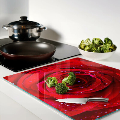 Planche à découper en verre Rose rouge avec des gouttes d'eau