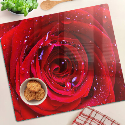 Planche à découper en verre Rose rouge avec des gouttes d'eau