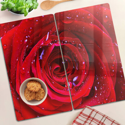 Planche à découper en verre Rose rouge avec des gouttes d'eau