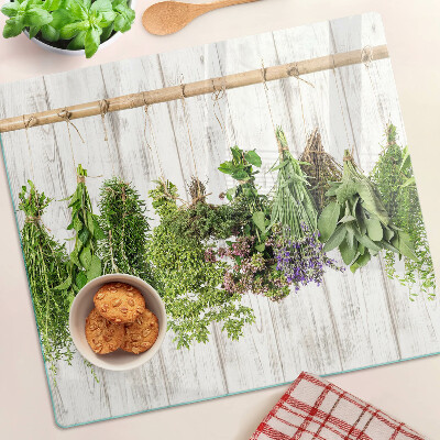 Planche à découper verre Herbes sur fond de bois