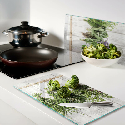 Planche à découper verre Herbes sur fond de bois