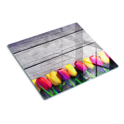 Planche à découper verre Tulipes sur fond de bois