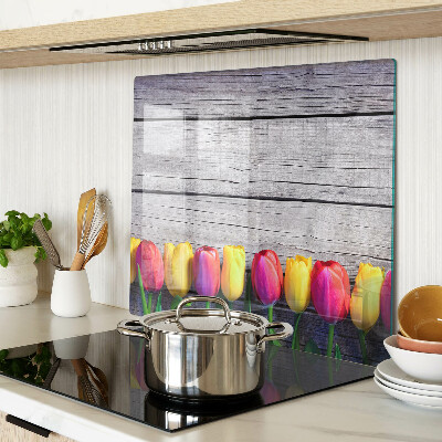 Planche à découper verre Tulipes sur fond de bois