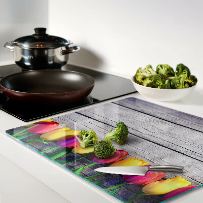 Planche à découper verre Tulipes sur fond de bois