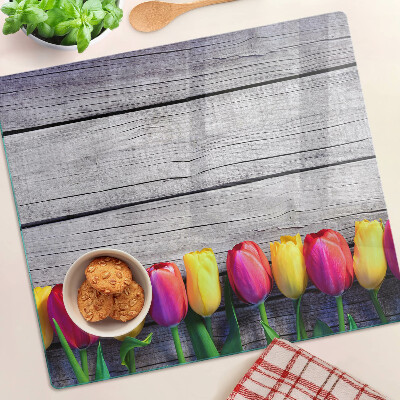Planche à découper verre Tulipes sur fond de bois