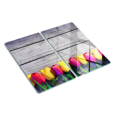 Planche à découper verre Tulipes sur fond de bois