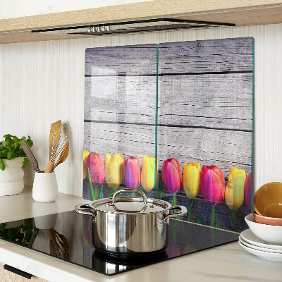 Planche à découper verre Tulipes sur fond de bois