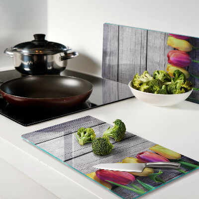 Planche à découper verre Tulipes sur fond de bois
