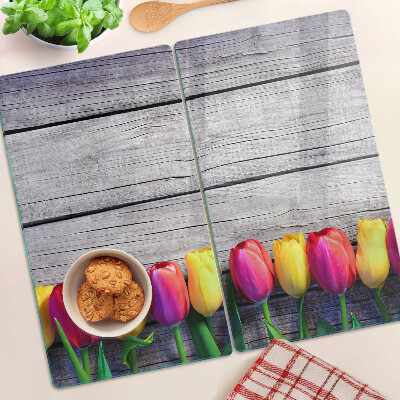 Planche à découper verre Tulipes sur fond de bois