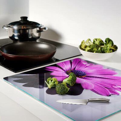 Planche à découper en verre Fleur violette avec des gouttes d'eau