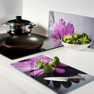 Planche à découper en verre Fleur violette avec des gouttes d'eau