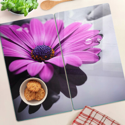 Planche à découper en verre Fleur violette avec des gouttes d'eau
