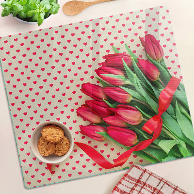 Planche à découper verre Tulipes avec coeurs et ruban