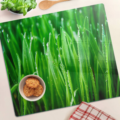Planche à découper en verre Herbe avec des gouttes d'eau