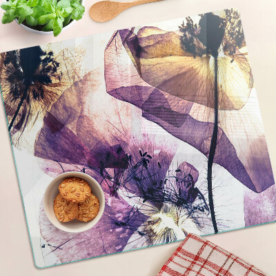 Planche à découper verre Fleurs dans les tons de violet et de jaune