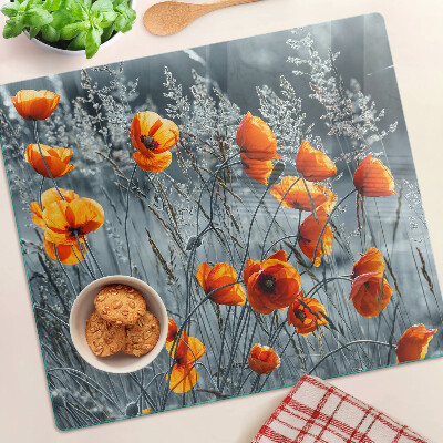 Planche à découper en verre Paysage de coquelicots aux nuances de gris