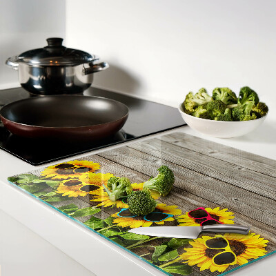 Planche à découper en verre Tournesols dans des lunettes de soleil