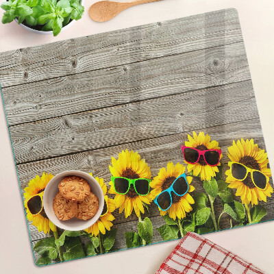 Planche à découper en verre Tournesols dans des lunettes de soleil