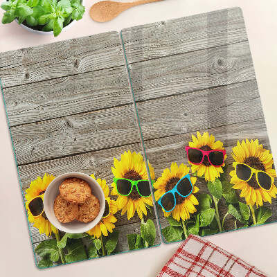 Planche à découper en verre Tournesols dans des lunettes de soleil