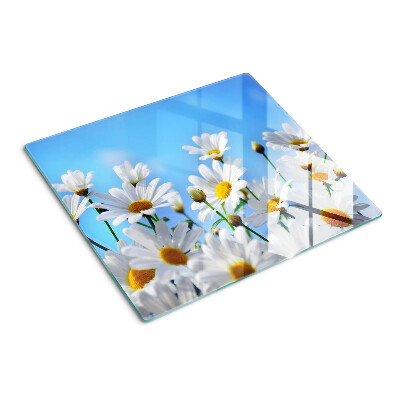 Planche à découper en verre Fleurs de marguerite sur fond bleu