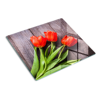 Planche à découper verre Tulipes sur fond de bois