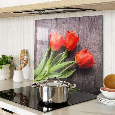 Planche à découper verre Tulipes sur fond de bois