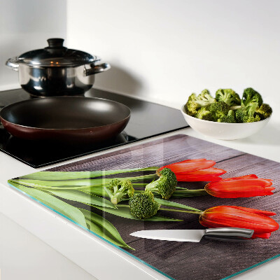 Planche à découper verre Tulipes sur fond de bois